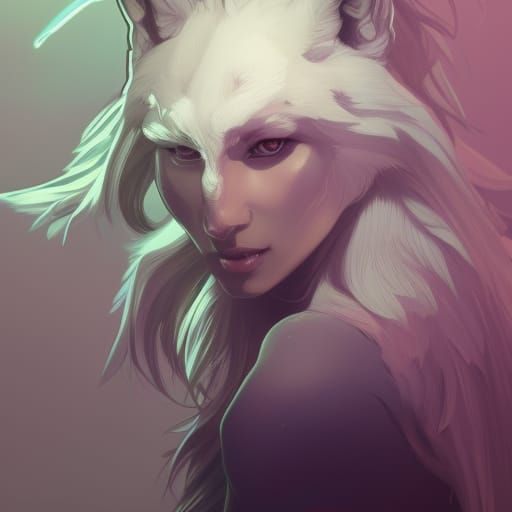Detailed Wolf Girl Portrait in Art Nouveau Style