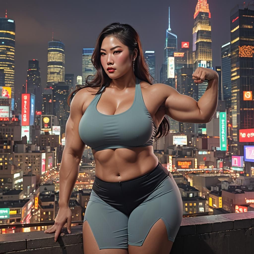 Voluptuous Asian Muscle Mommy in Cityscape