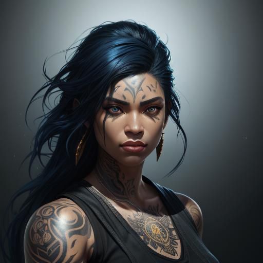 Tattooed Woman Portrait with Black and Blue Hair