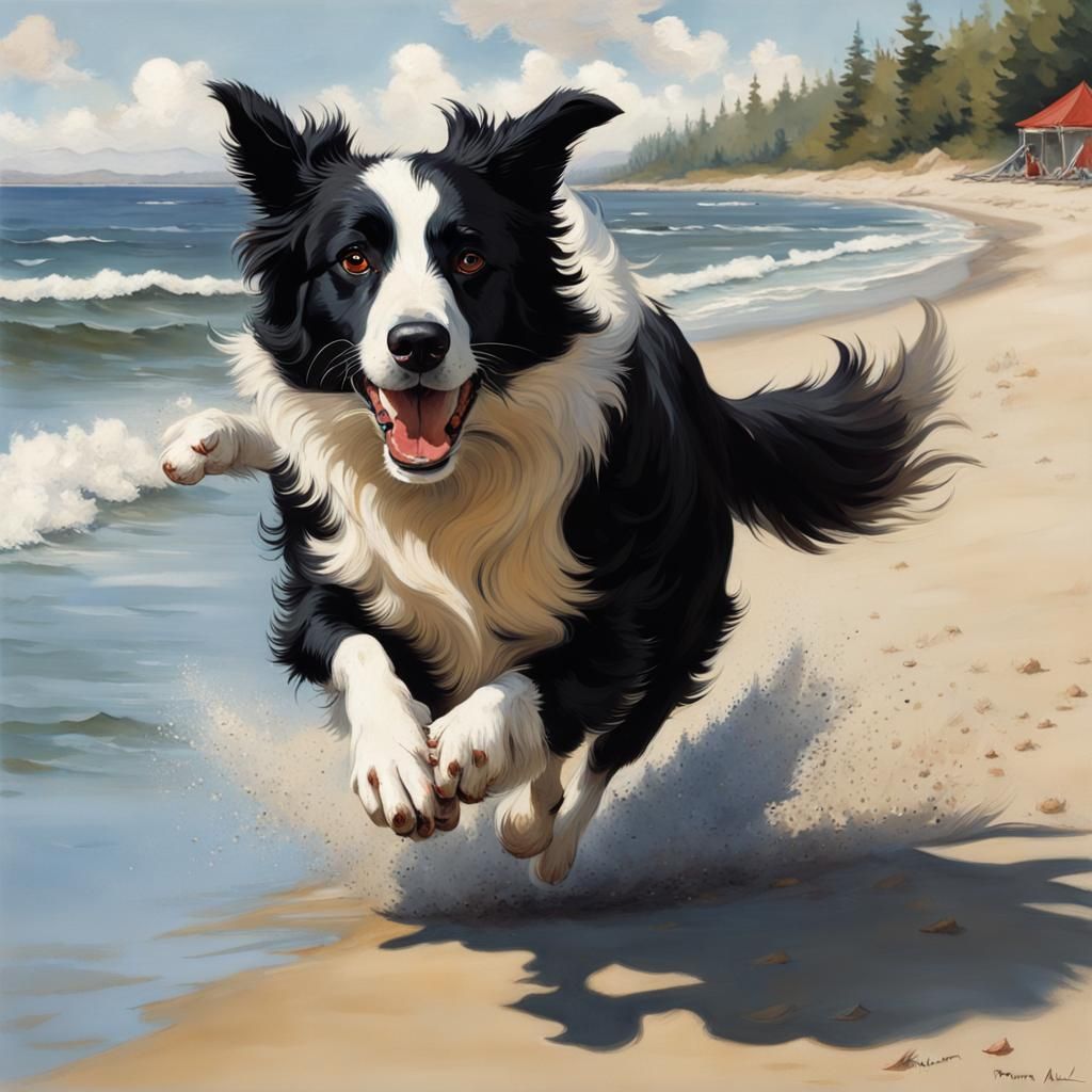 Border Collie Runs on Beach, Rockwell Style