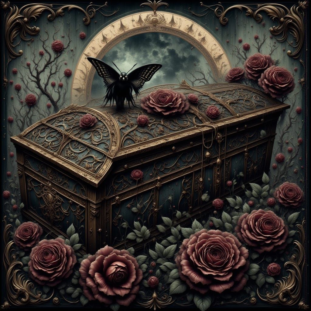 Neo Traditional Tattoo of Gothic Coffin with Dark Roses