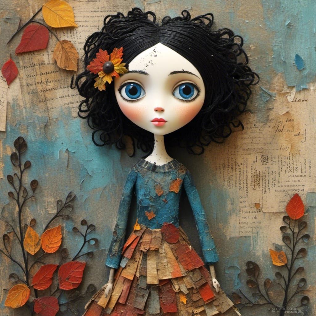 3d textured quirky folk art girl doll with big blue eyes, sc...