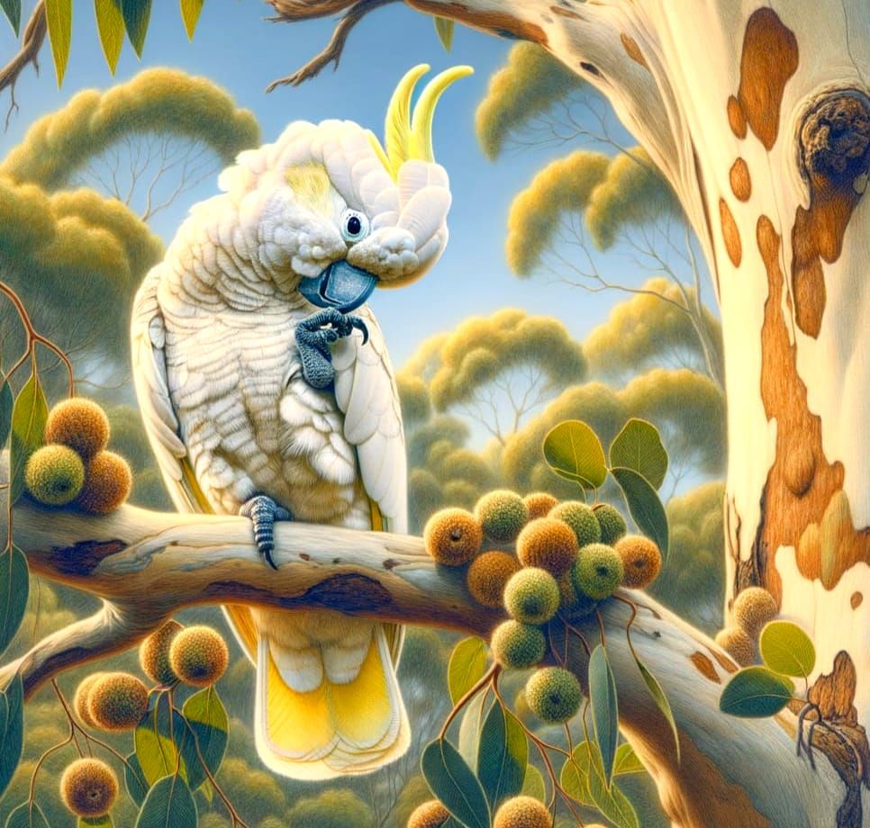 Sulphur-Crested Cockatoo Preening in Pencil and Watercolor