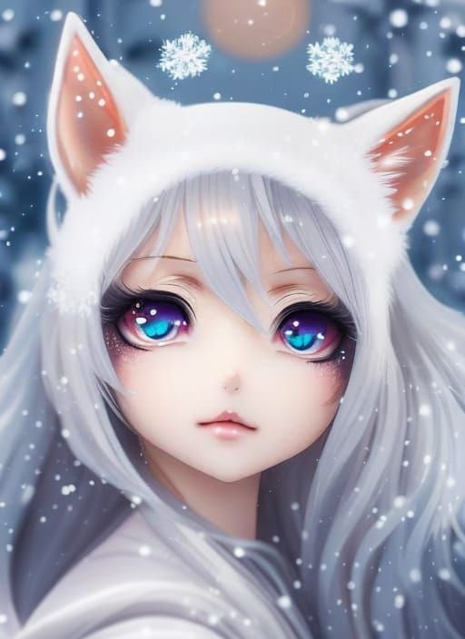 Kitsune, fox, fox girl, white fox, fox ears, anime, semi realistic, cute, kawaii, white eyelashes, mystical, magical, gl...