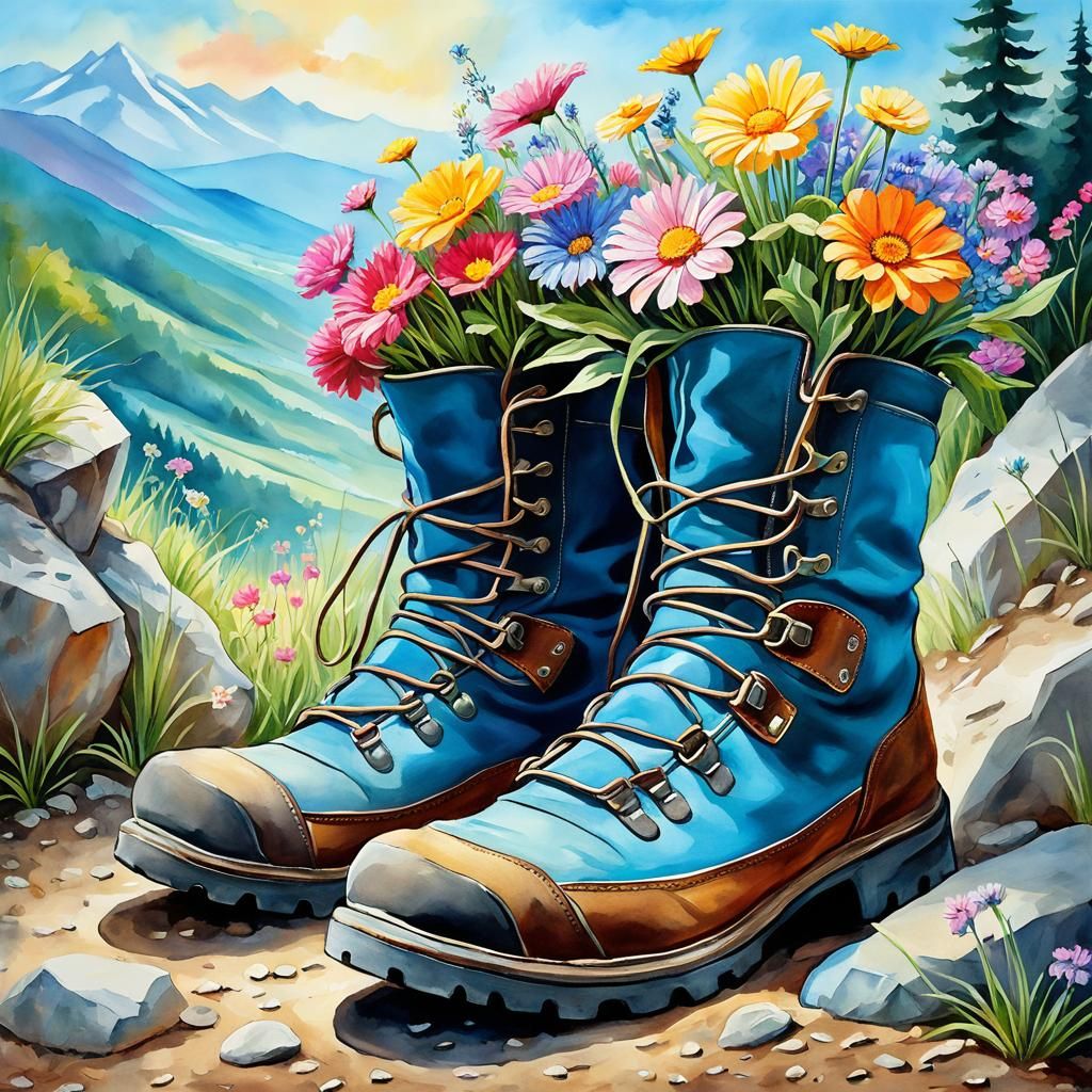 Colorful Flowers Overflowing from Hiking Boot Planters