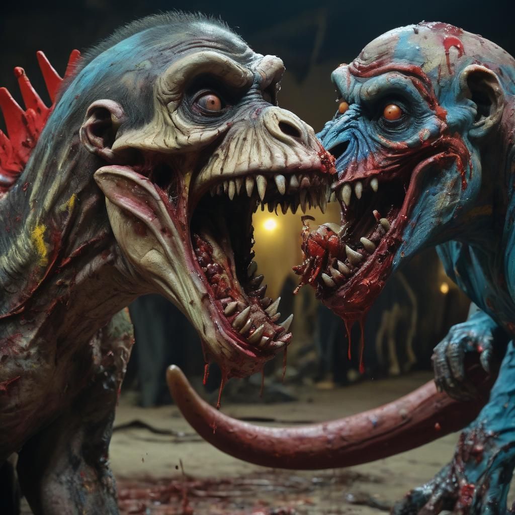 Zombie Monkey Clowns Attack Brontosaurus in Surrealist Style