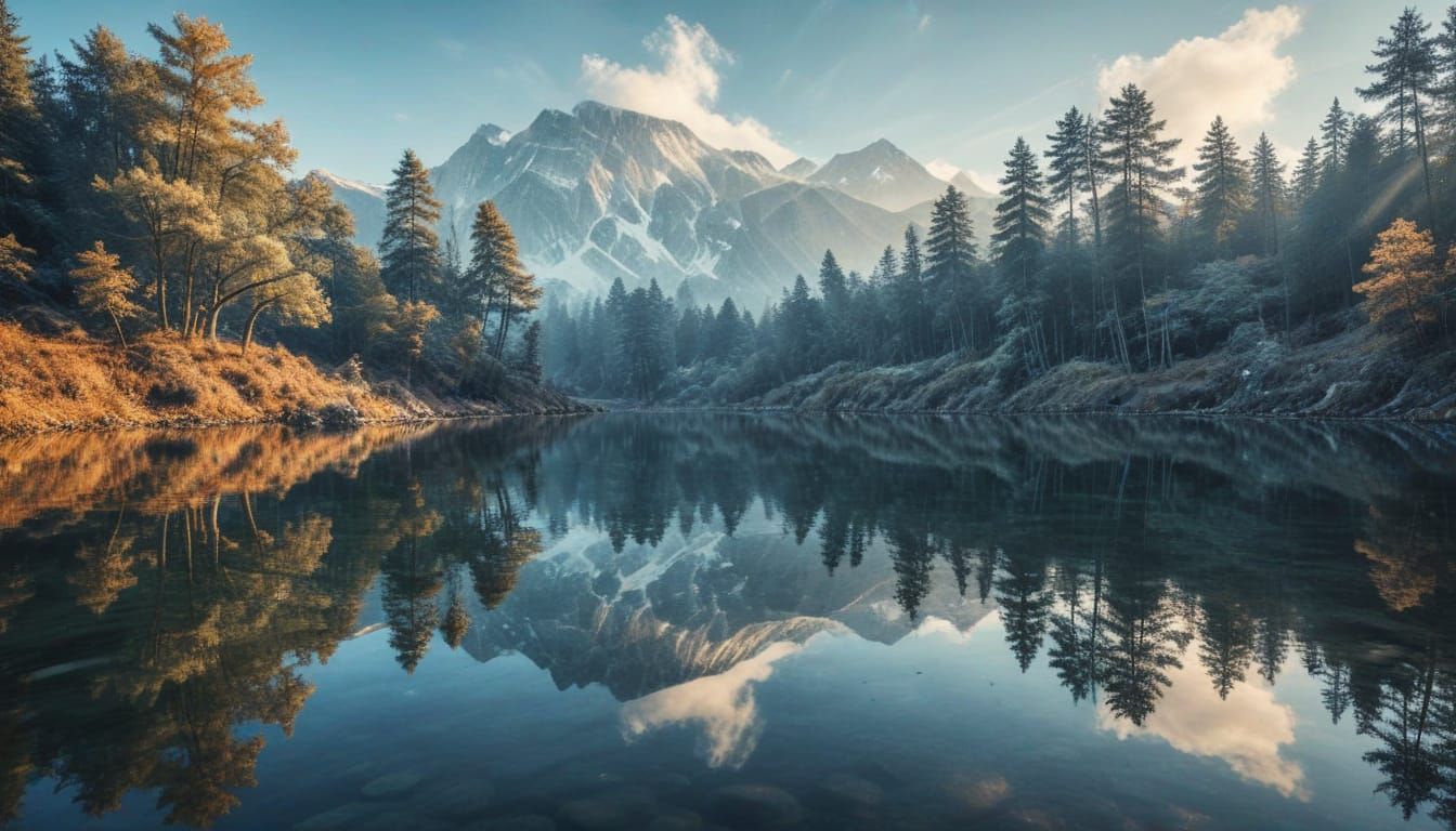 Surreal Summer Lake Landscape with Winter Reflections in Dou...