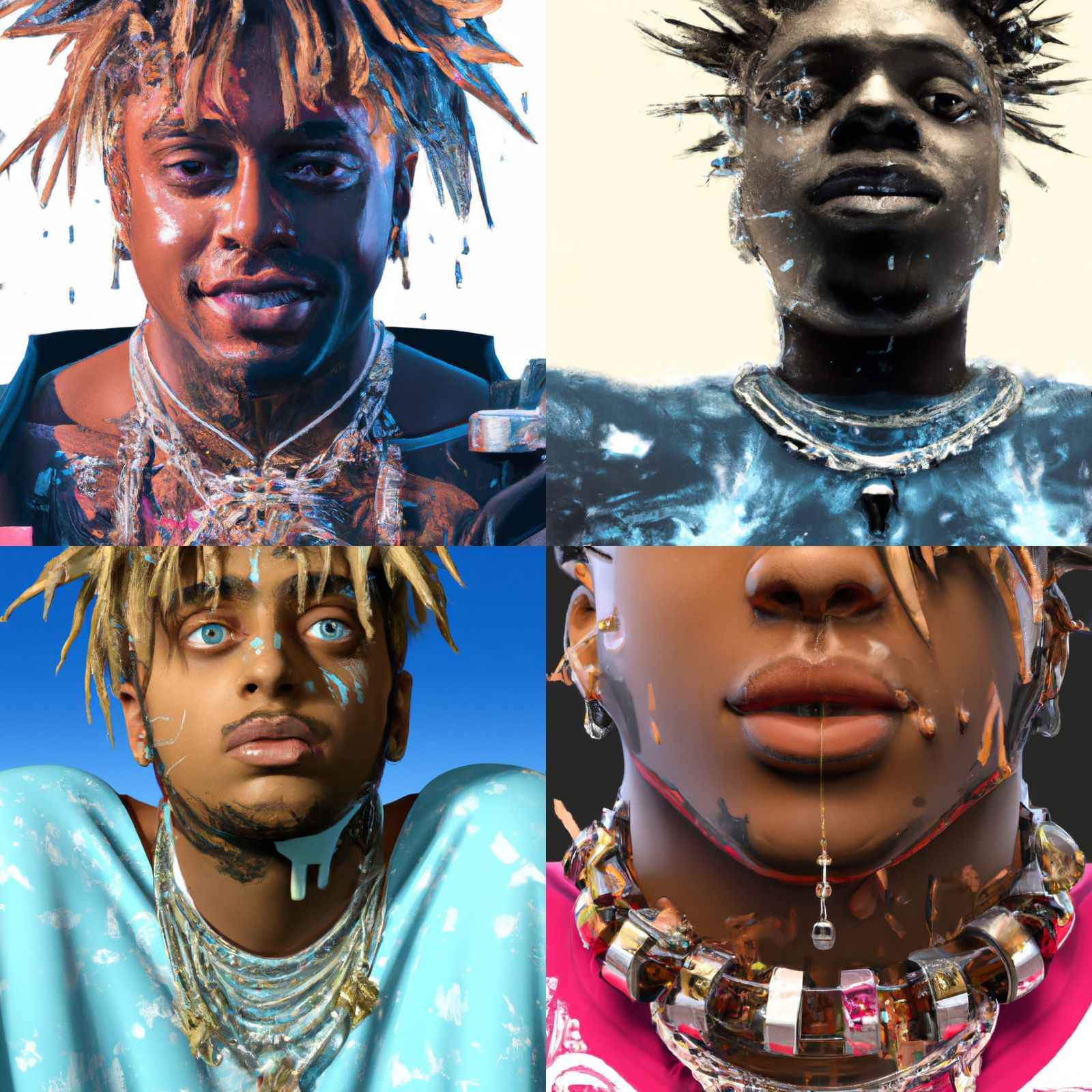 Head and chest portrait of rap singer Juice WRLD, inkpunk, detailed intricate splash screen art ,album cover art, ultrap...