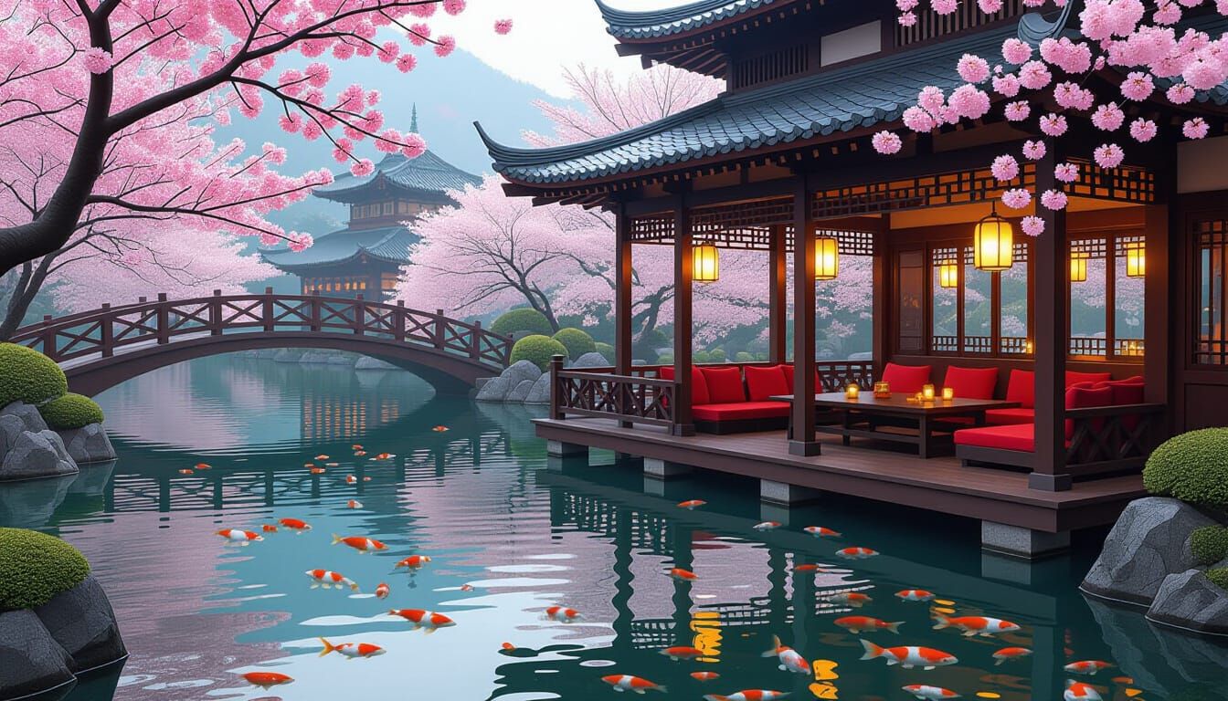 Tranquil Teahouse on Calm Lake with Cherry Blossoms