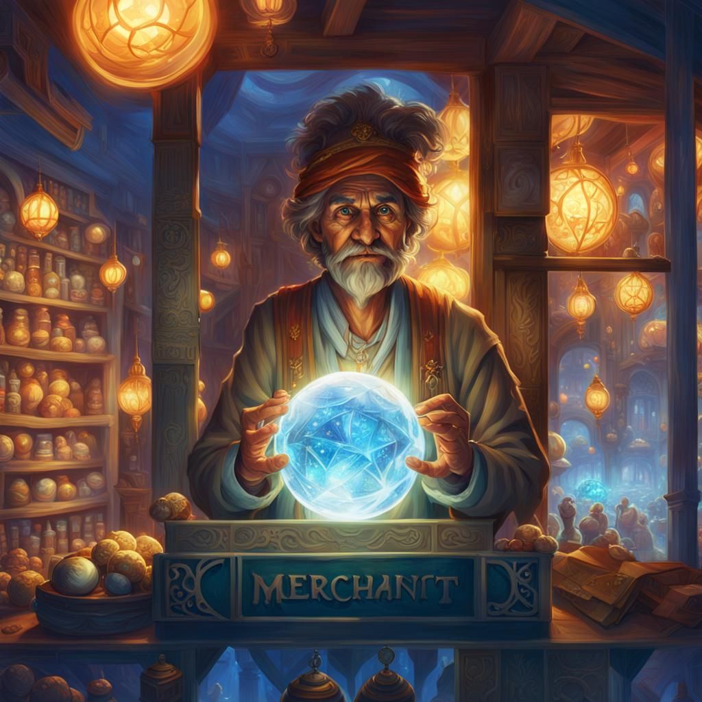 Mystical Merchant with Glowing Orb in Fantasy Market