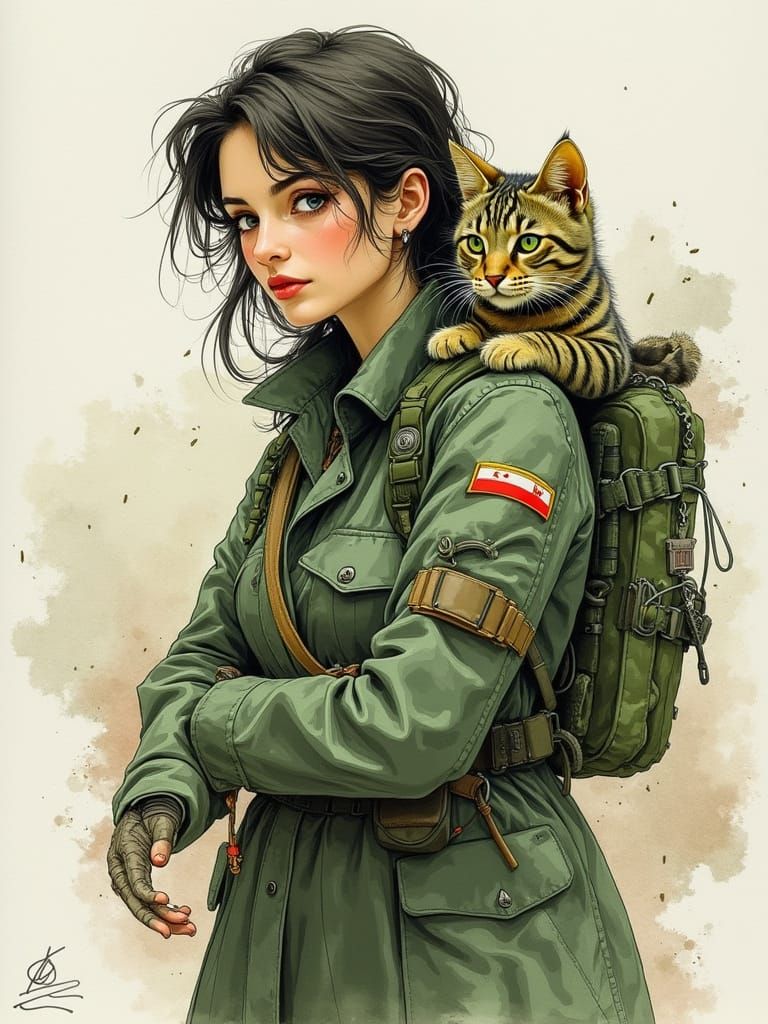 USSR Patriot Girl with Loyal Cat in Ruins Comic Book Art