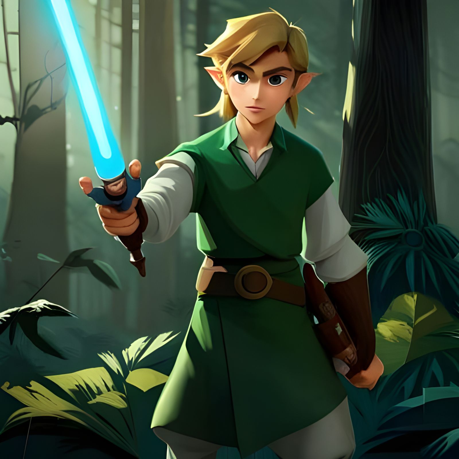 Heroic Lightsaber Wielder in Forest: 3D Digital Art