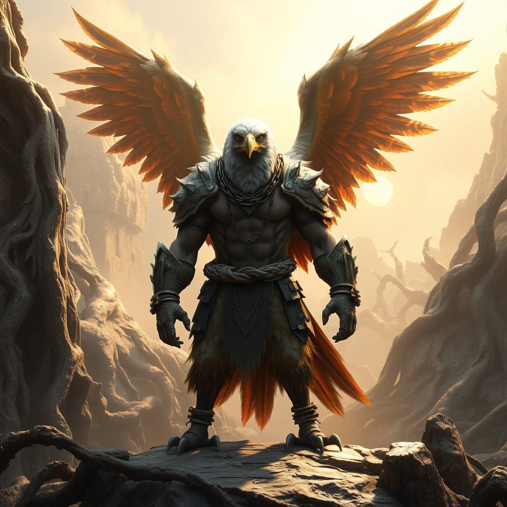 Majestic Eagle Warrior in Ancient Fantasy Landscape
