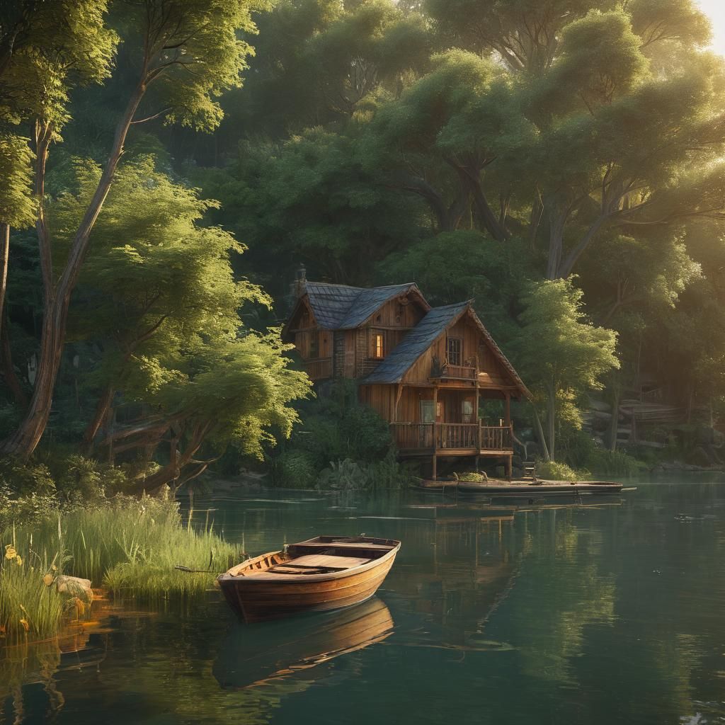 Serene Lake Scene with Wooden Boat: Fantasy Concept Art