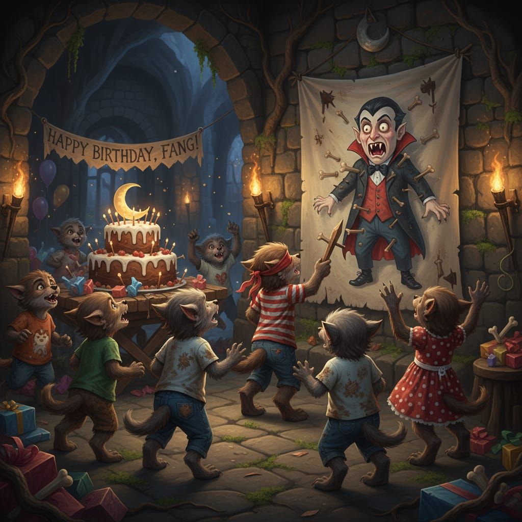 Werewolf Cubs Play Pin the Stake in Vampire Party