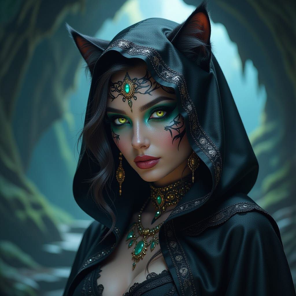 Mystic Witch in Psychedelic Cave, Hyper-Realistic Art