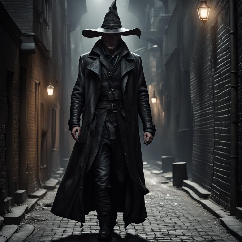 Photorealistic Witch Hunter in Dark Alley Portrait