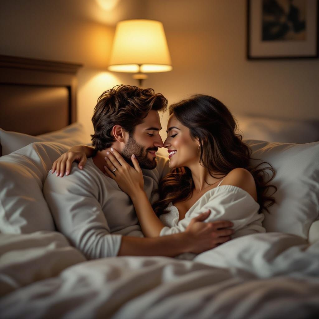 Intimate Couple Kissing in Softly Lit Bedroom