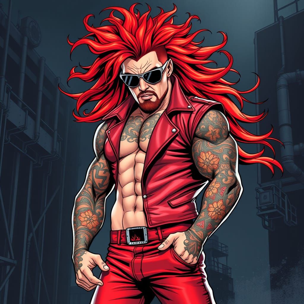 Muscular Wrestler in Red Leather, Black Sunglasses
