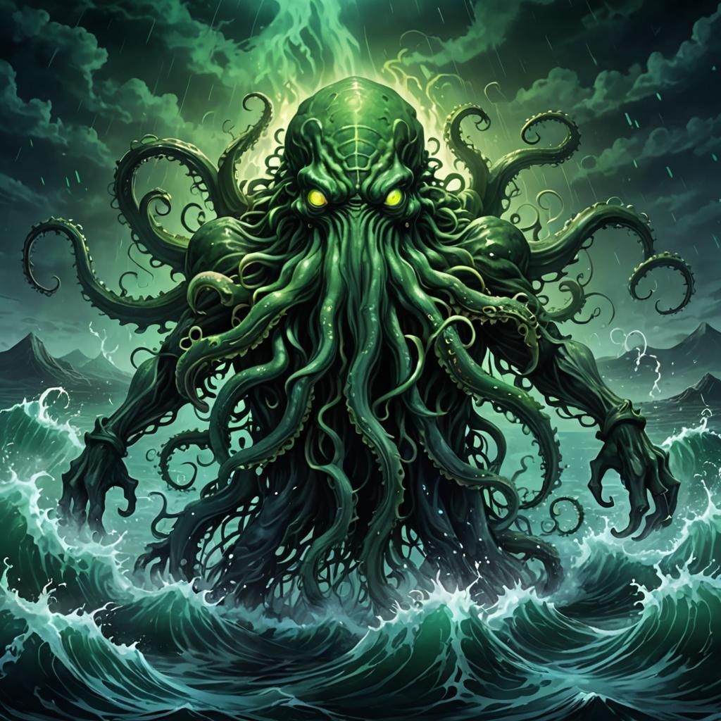 Cthulhu Rises from the Dark Ocean in Neon Anime Art