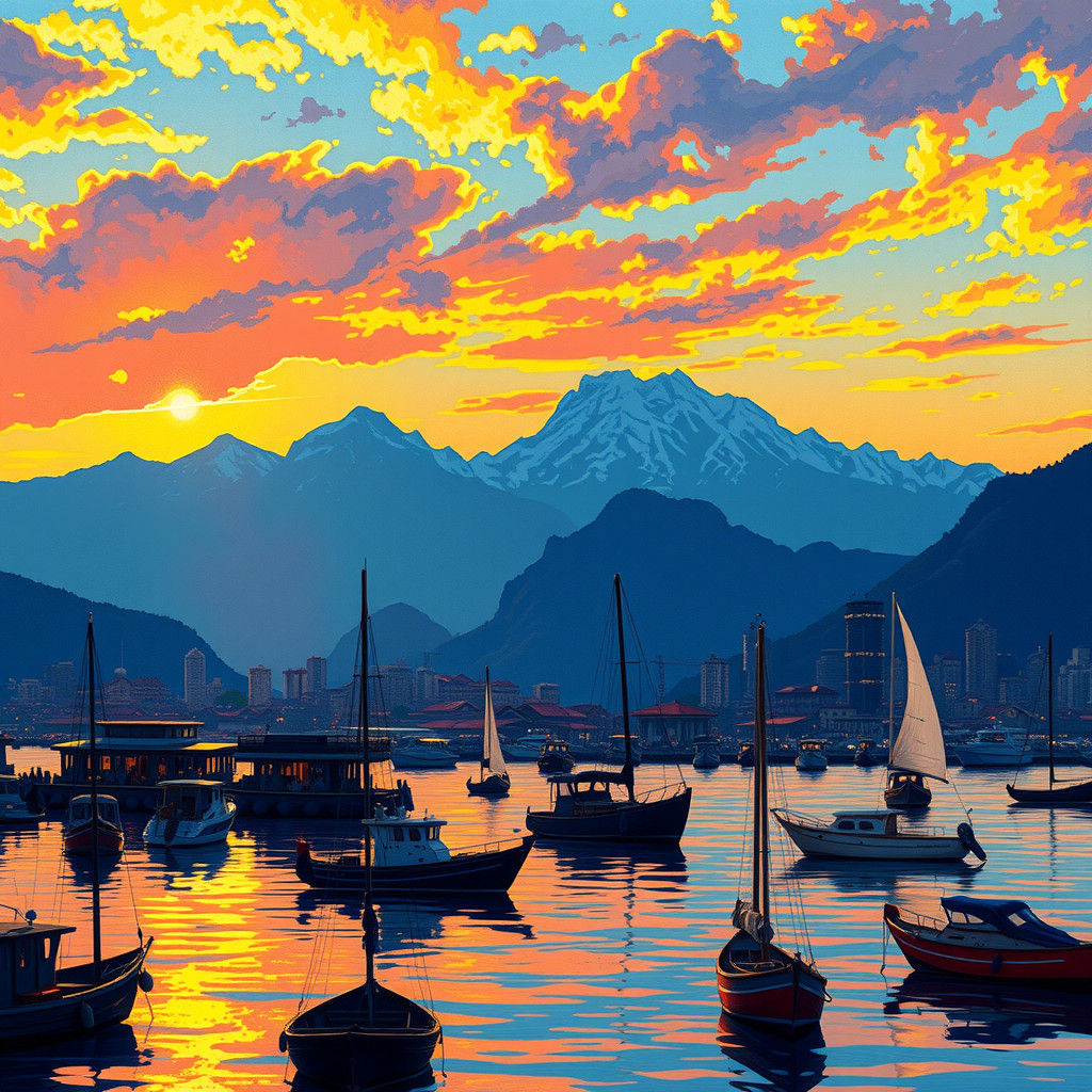 Sunset Fishing Town Skyline in Pointillist Style