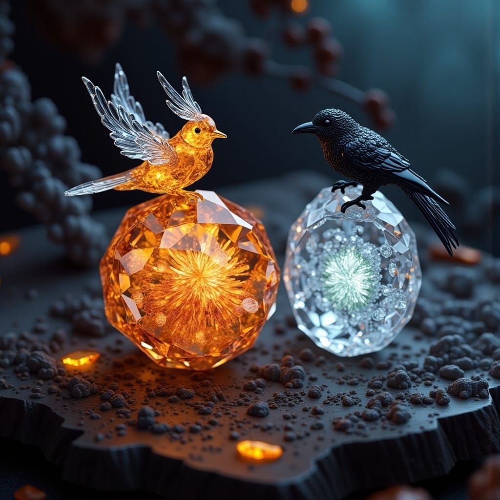 Luminescent Wedding Rings with Dove and Crow