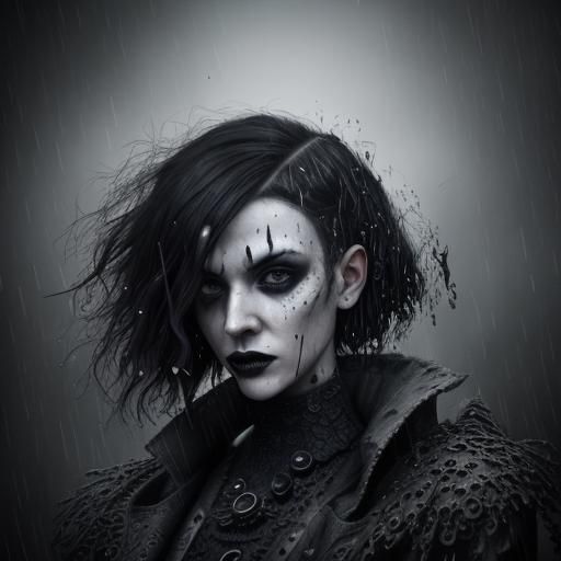 Goth Model in Rain with Giant Oscilloscope