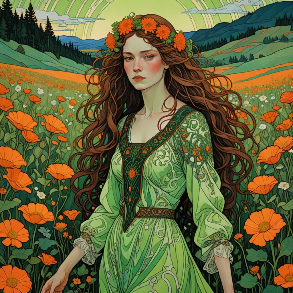 Art Nouveau Woman in Neon Flower Field