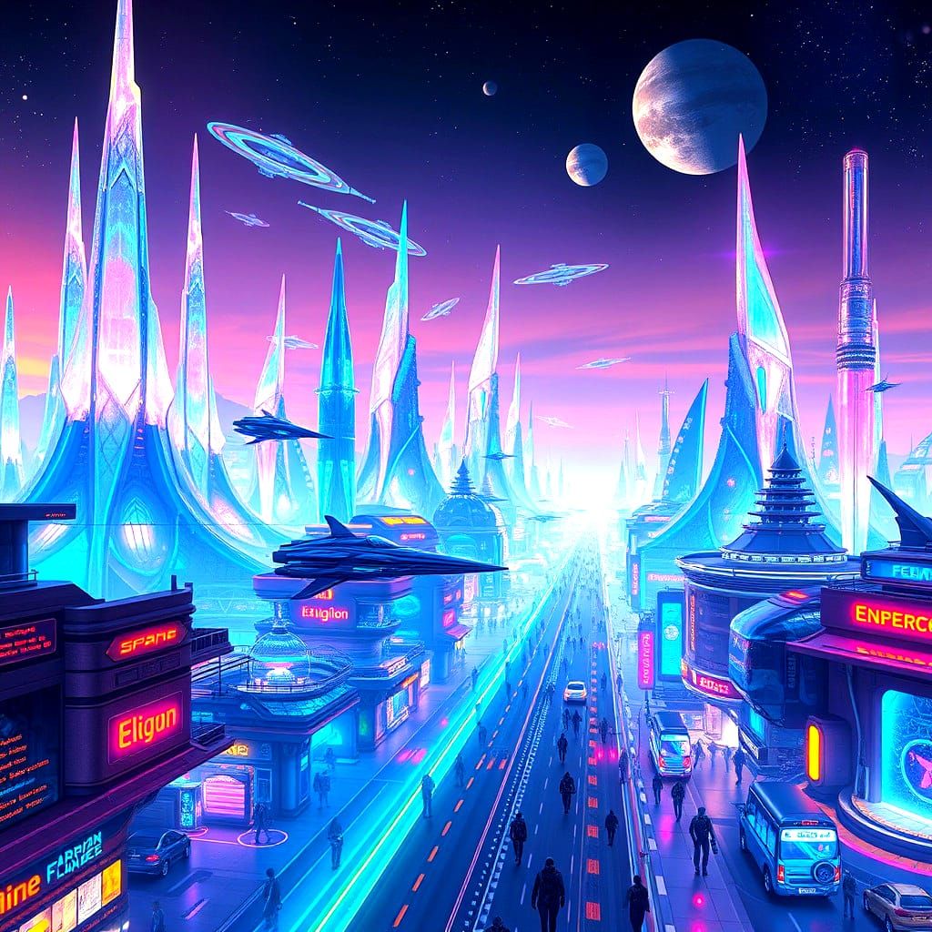 Surreal Spaceport Hologram under Neons in Cyberpunk Style