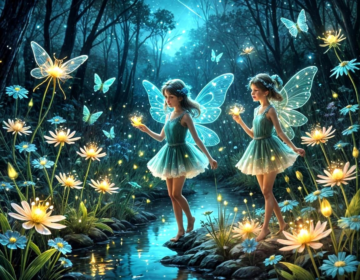 Ethereal Fairies in Bioluminescent Folklore Landscape
