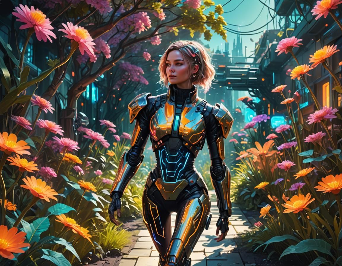 Woman in Sci-Fi Garden with Neon Flowers