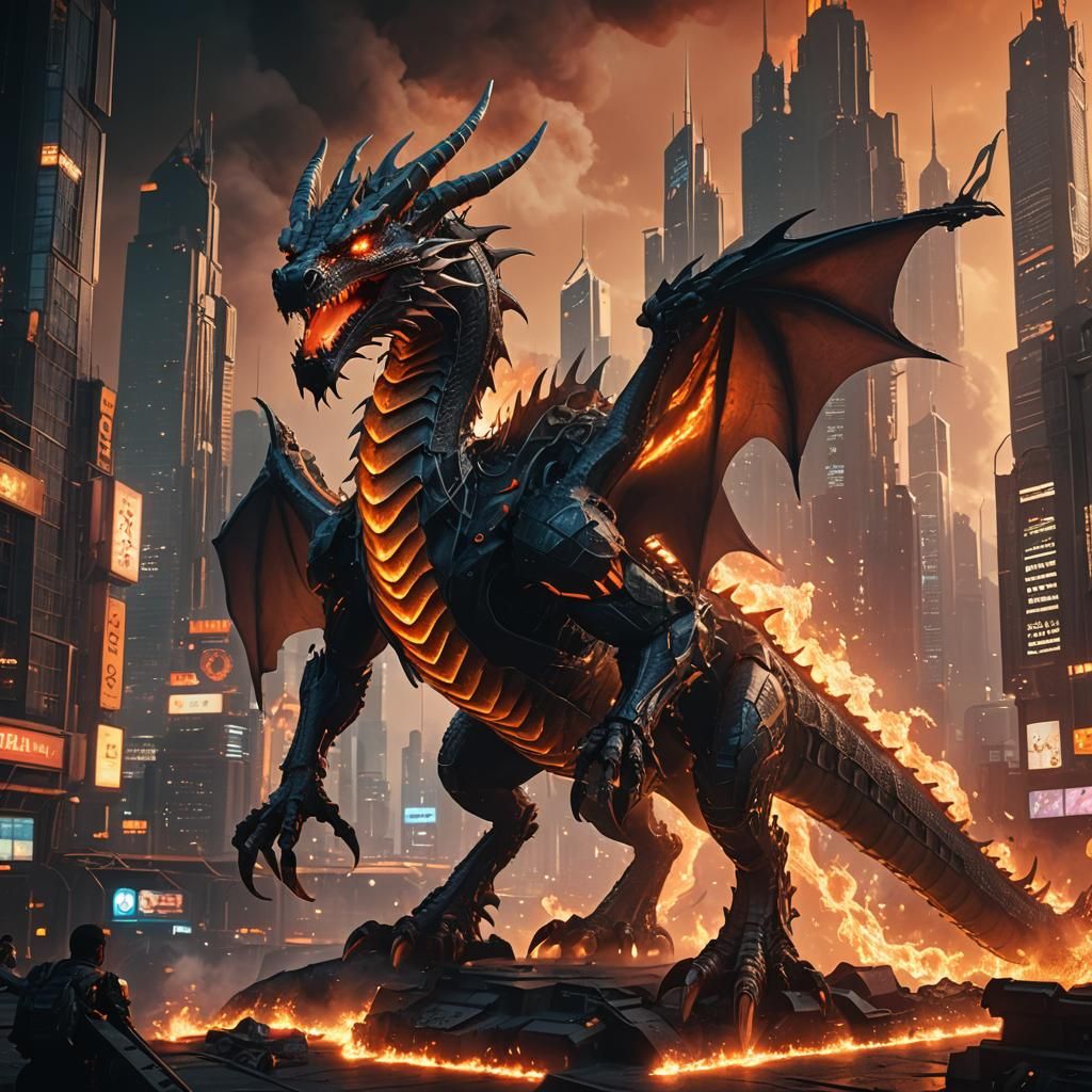 Sci-Fi Dragon Burns Cyberpunk Cityscape
