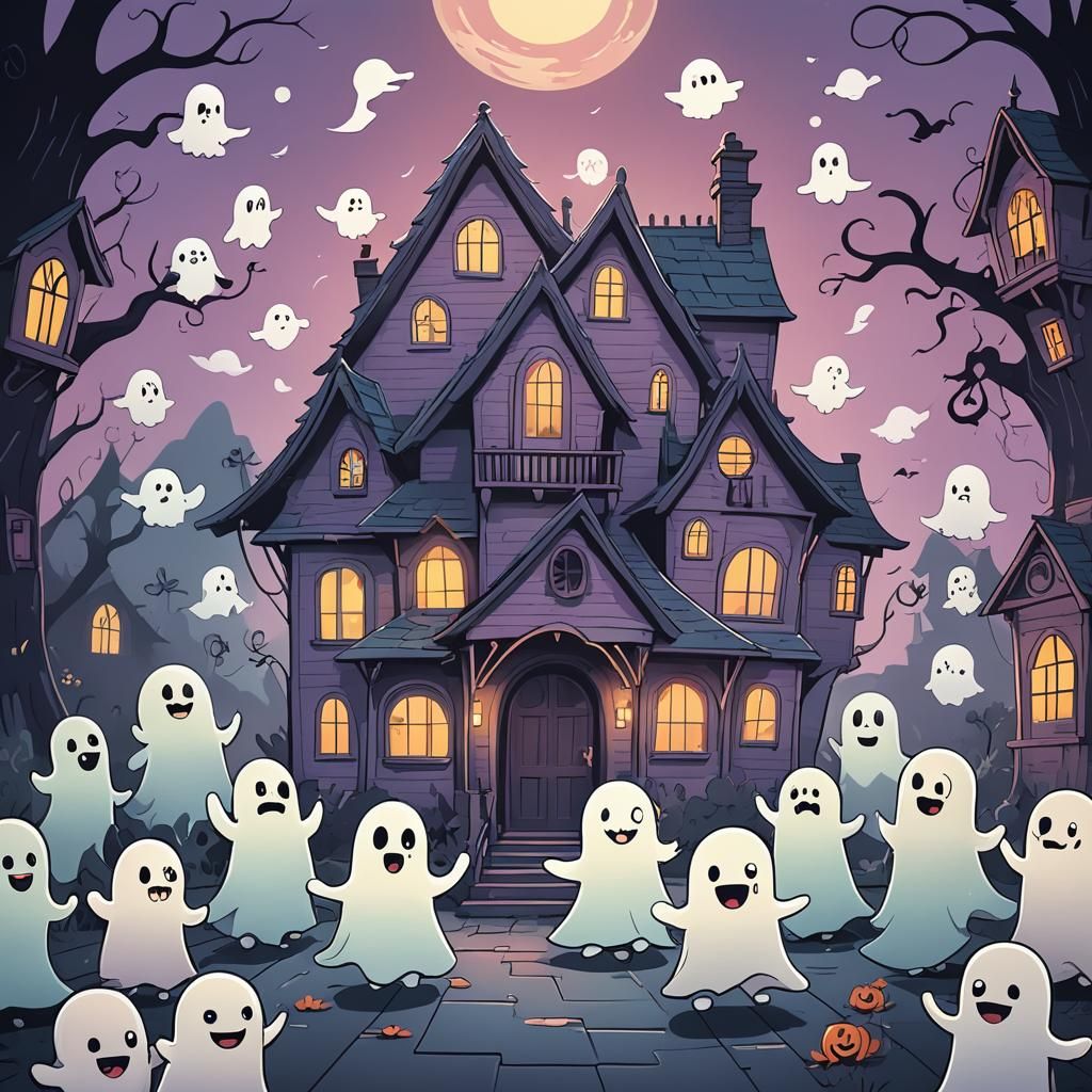Friendly Ghosts in Haunted House, Cartoon Style
