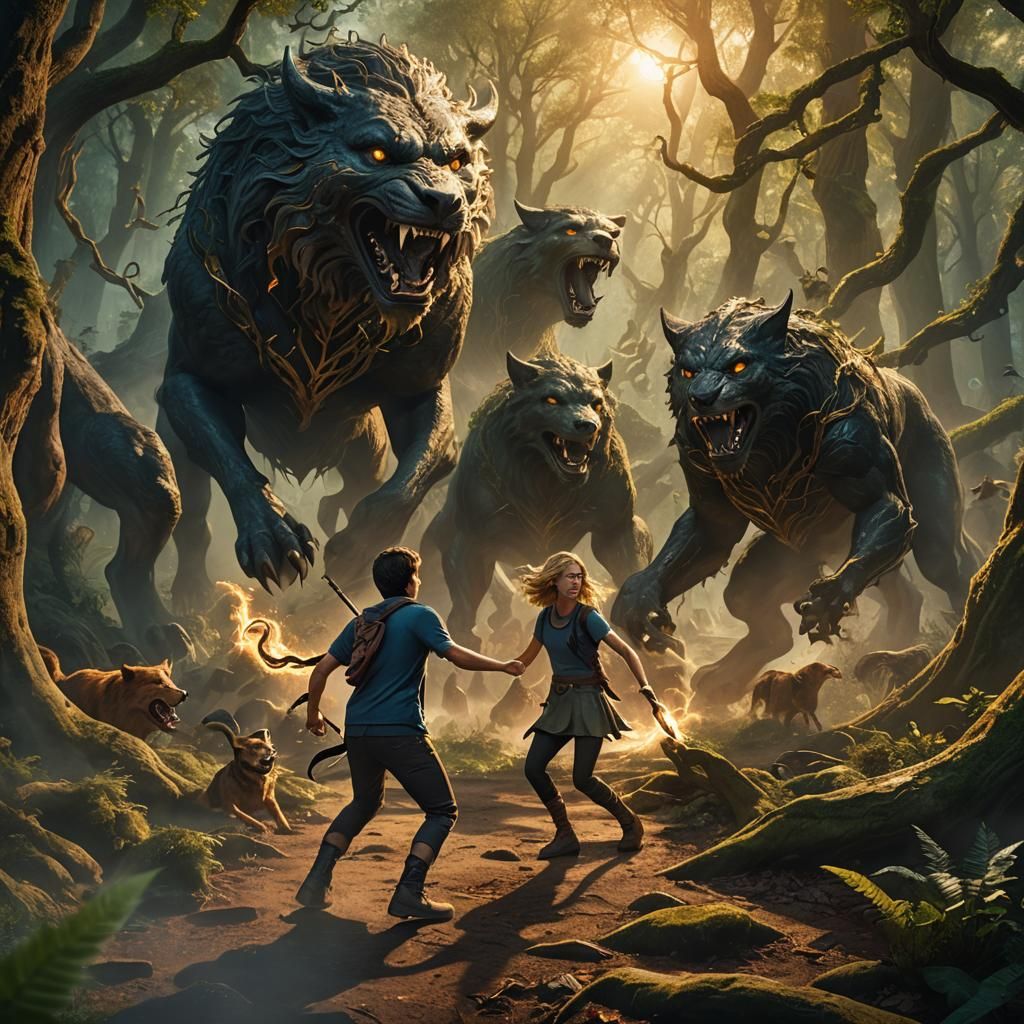 Percy Jackson and Annabeth Chase Fight Monsters