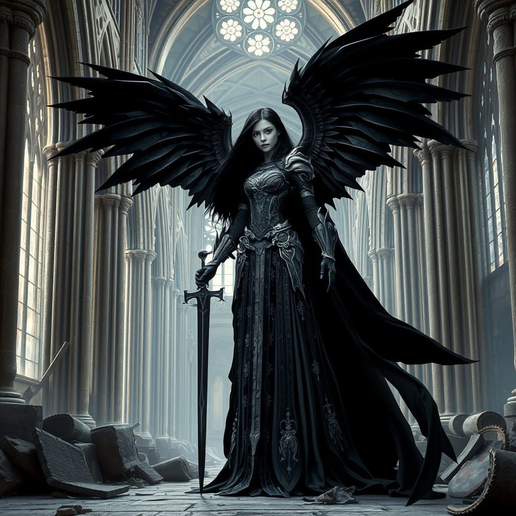 Dark Fantasy Angel in Ruined Gothic Cathedral