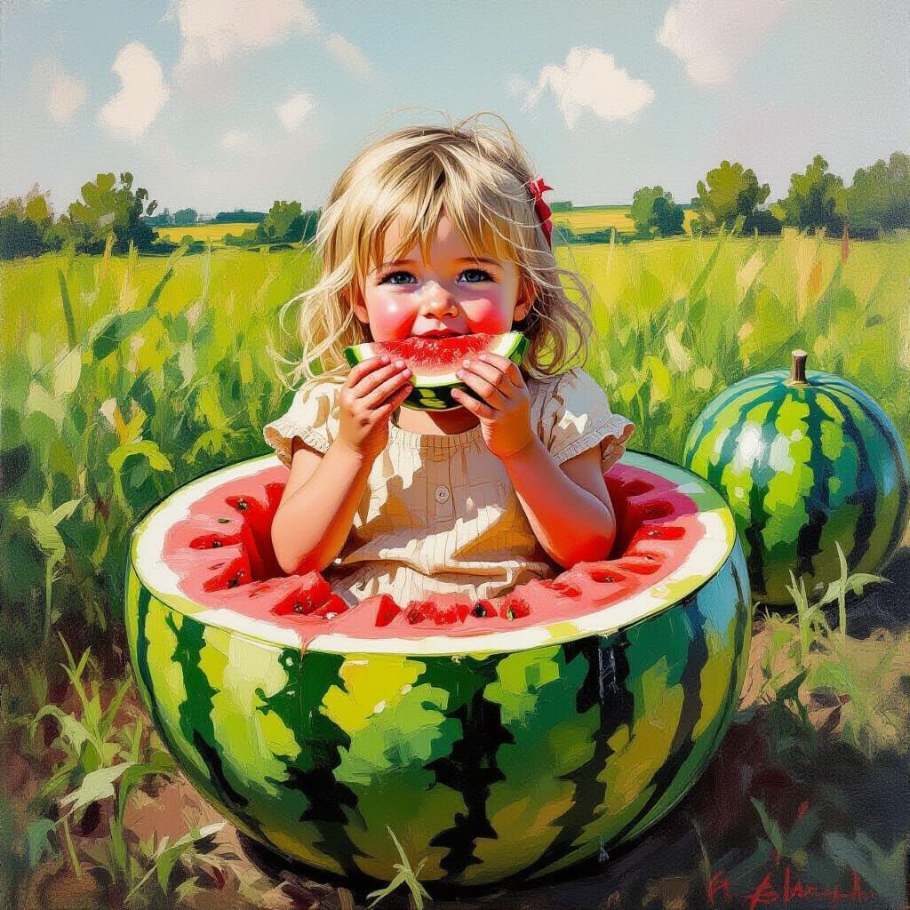 Girl in Watermelon Field: Impasto-Style Painting