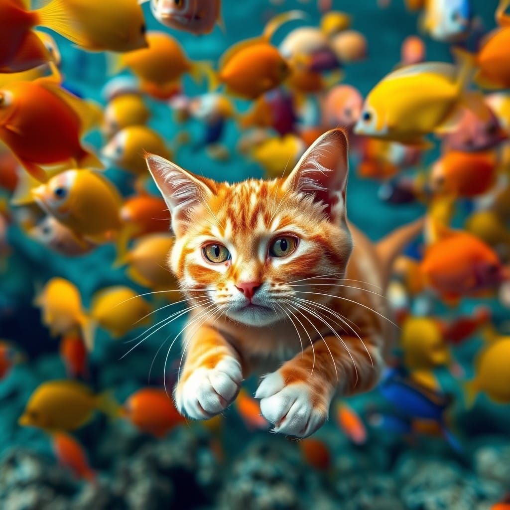 Vibrant Ginger Cat Dives Amidst Exotic Fish in Crystal-Clear...