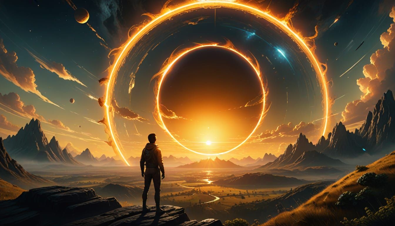 Person Gazing at Ring World Sun: Sci-Fi Concept Art