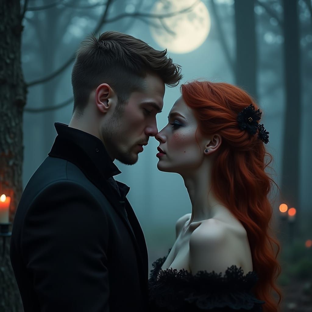 Gothic Vampire Couple in Moonlit Forest
