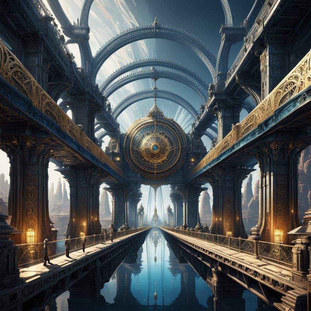 Neo-Egyptian Sci-Fi Bridge of Mirrored Glass