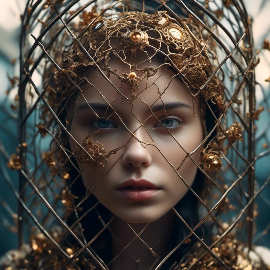 Woman Trapped in Head Cage: Hyperrealistic Digital Art