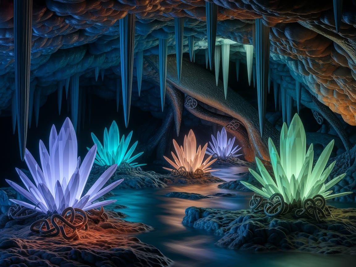 Bioluminescent Cavern with Fractal Flora in Synthwave Style