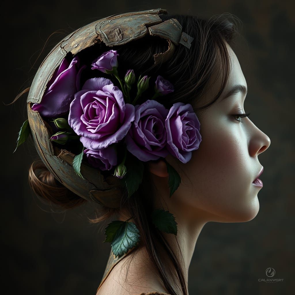 Distressed Woman with Blooming Roses