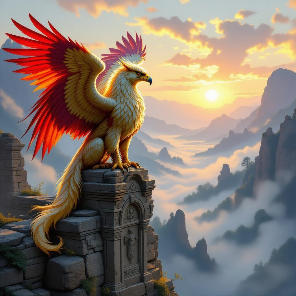 Majestic Griffin on Ancient Ruin at Dawn