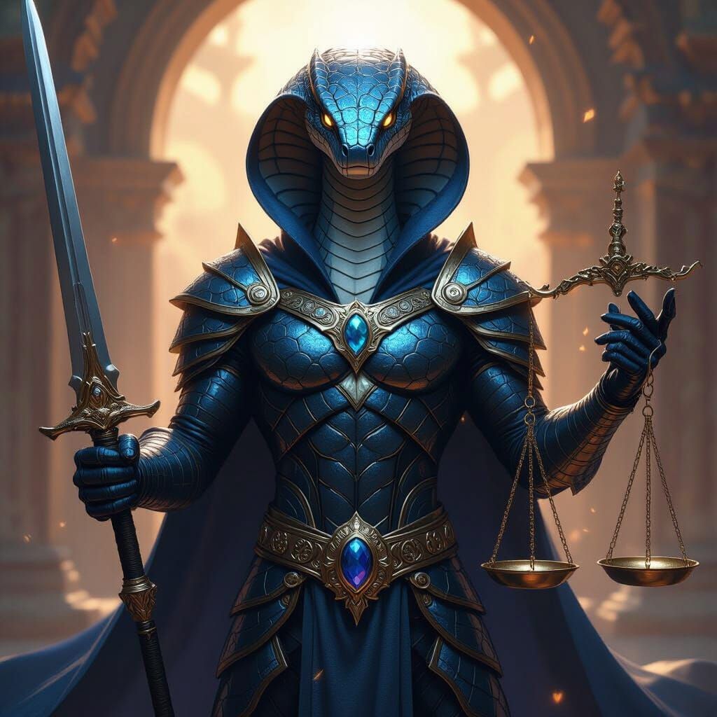 King Cobra Warrior with Scales, Sword in Sapphire Armor