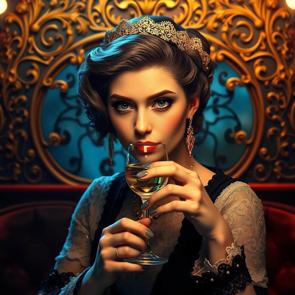 Woman in Belle Époque Style, Sipping Absinthe in Parisian Ca...