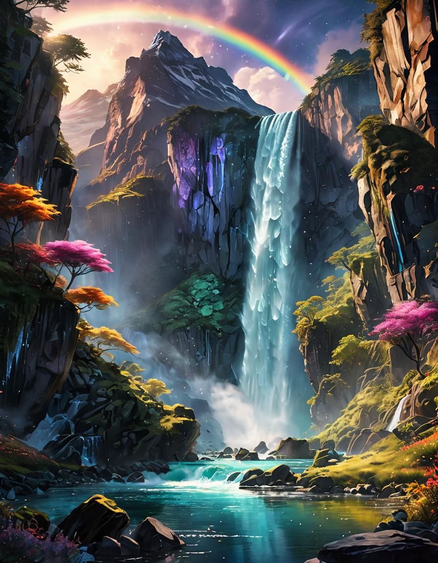 Mythical Waterfall Landscape in Watercolor with Metallic Ink