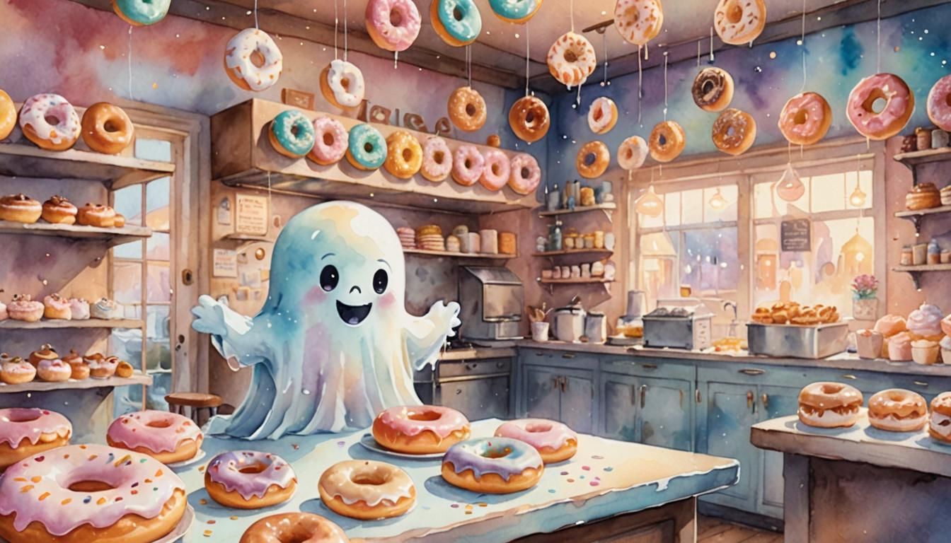 Cute Ghost Serves Donuts in Watercolor Bakery