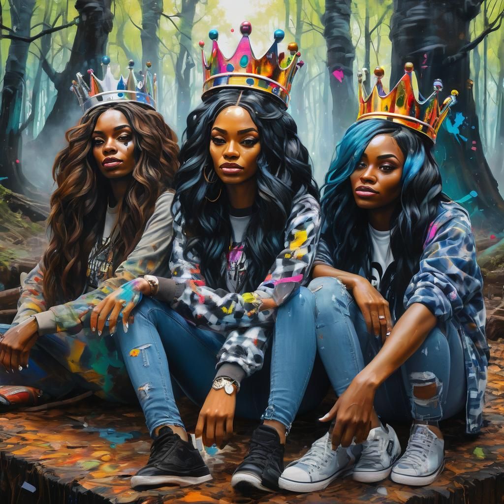Black Woman with Crown in Forest, Graffiti Art