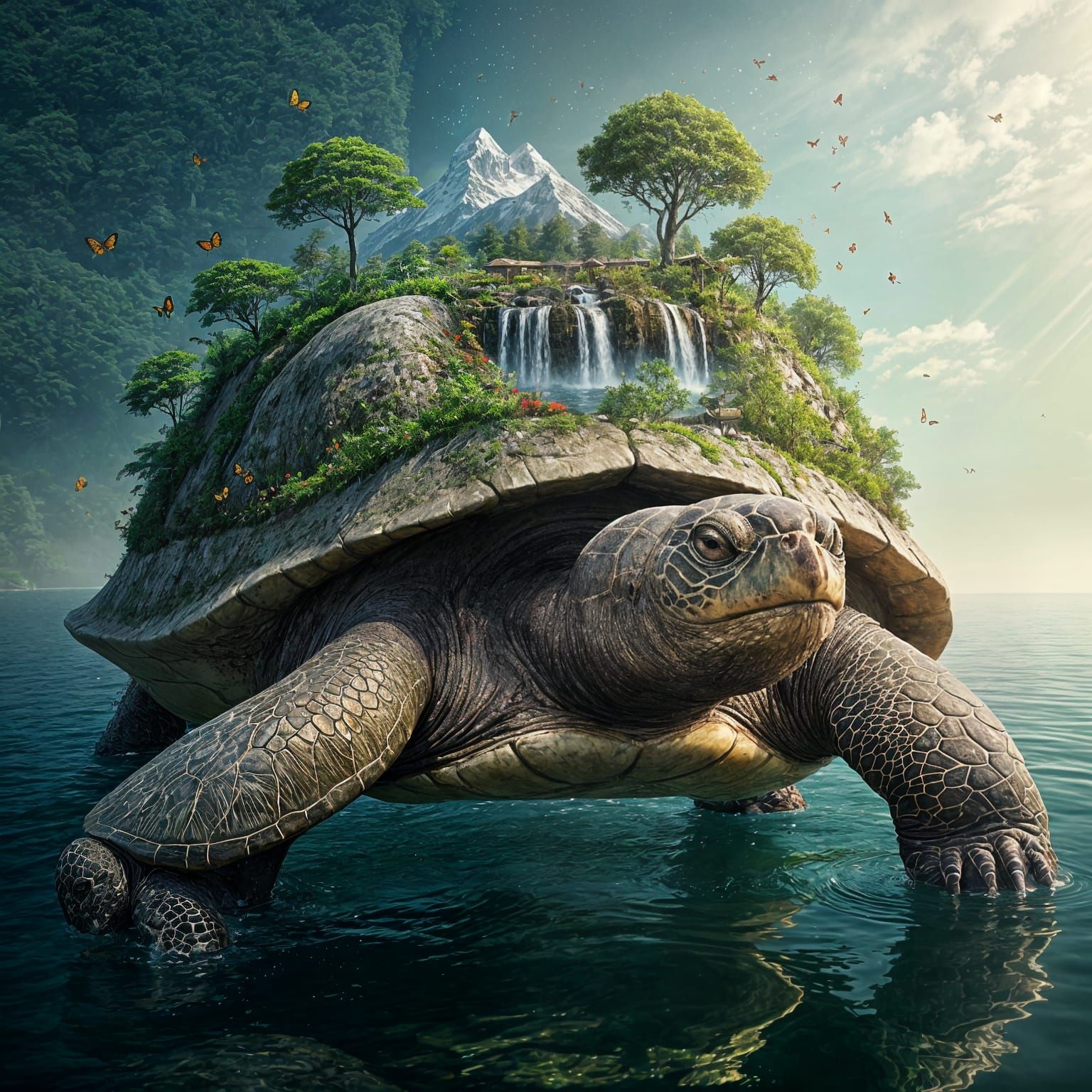 Surreal Turtle Ecosystem in Vibrant, Reflective Water